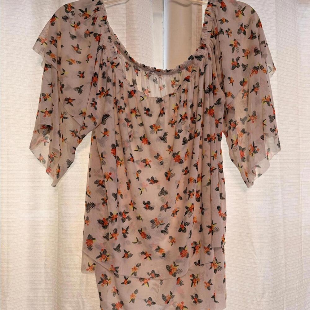 Ardene Womens XL Floral Mesh Off The Shoulder‎ Top Flutter Sleeve White Orange